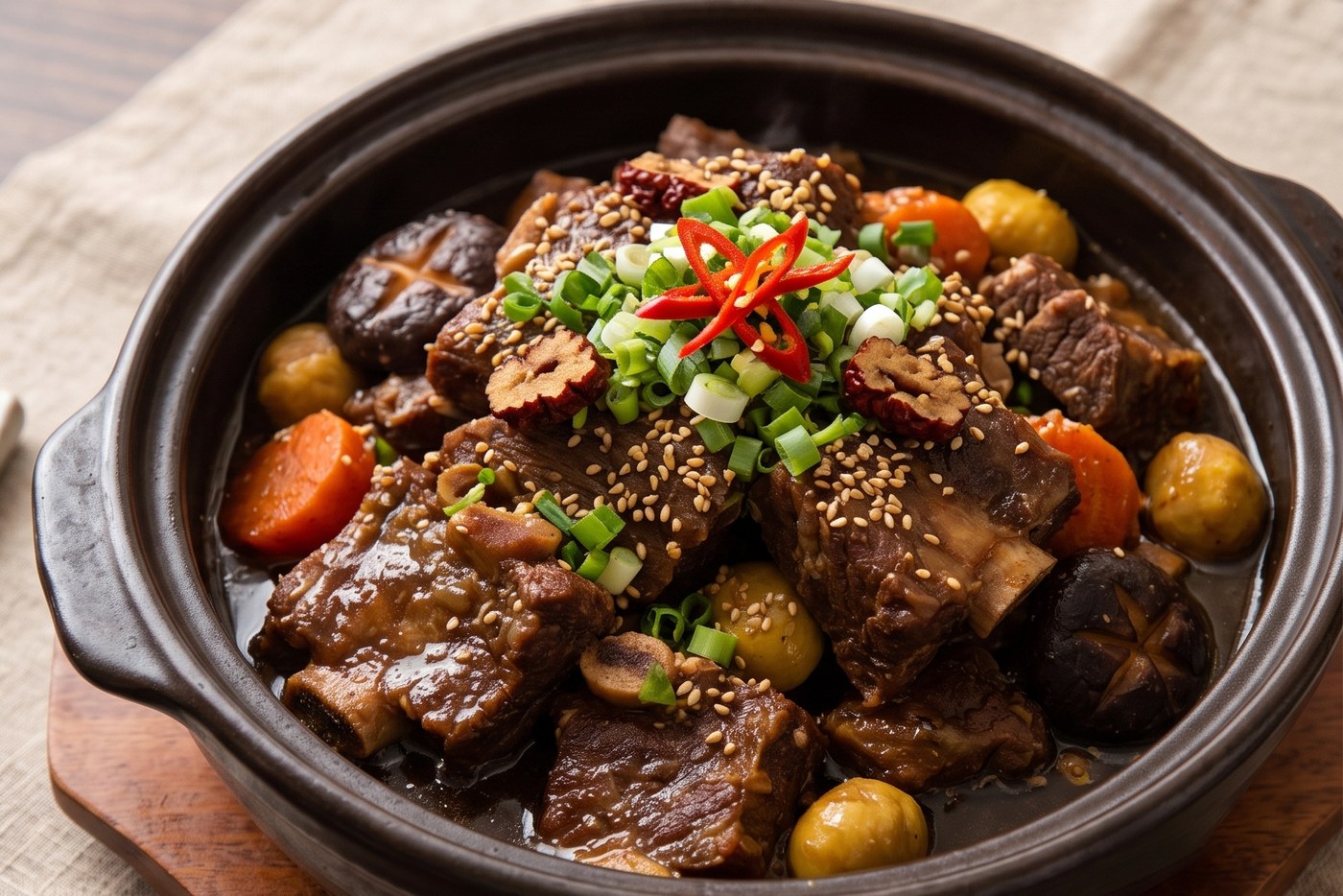 Close-up of Korean braised short ribs galbi-jjim with chestnuts, jujubes and carrots in a clay pot