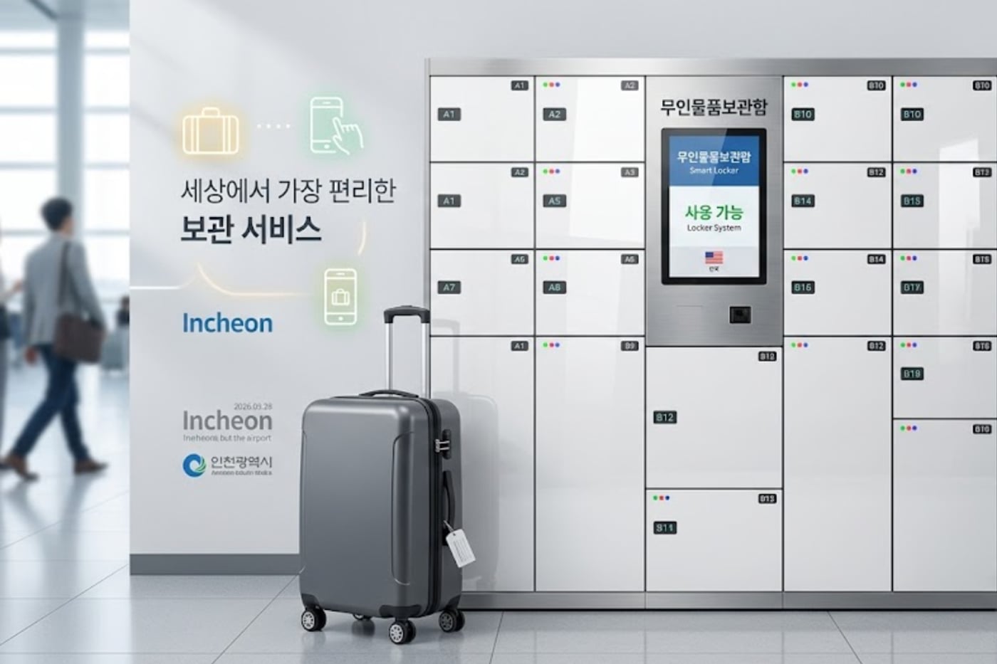 A wall of digital storage lockers next to a rolling suitcase at a subway station