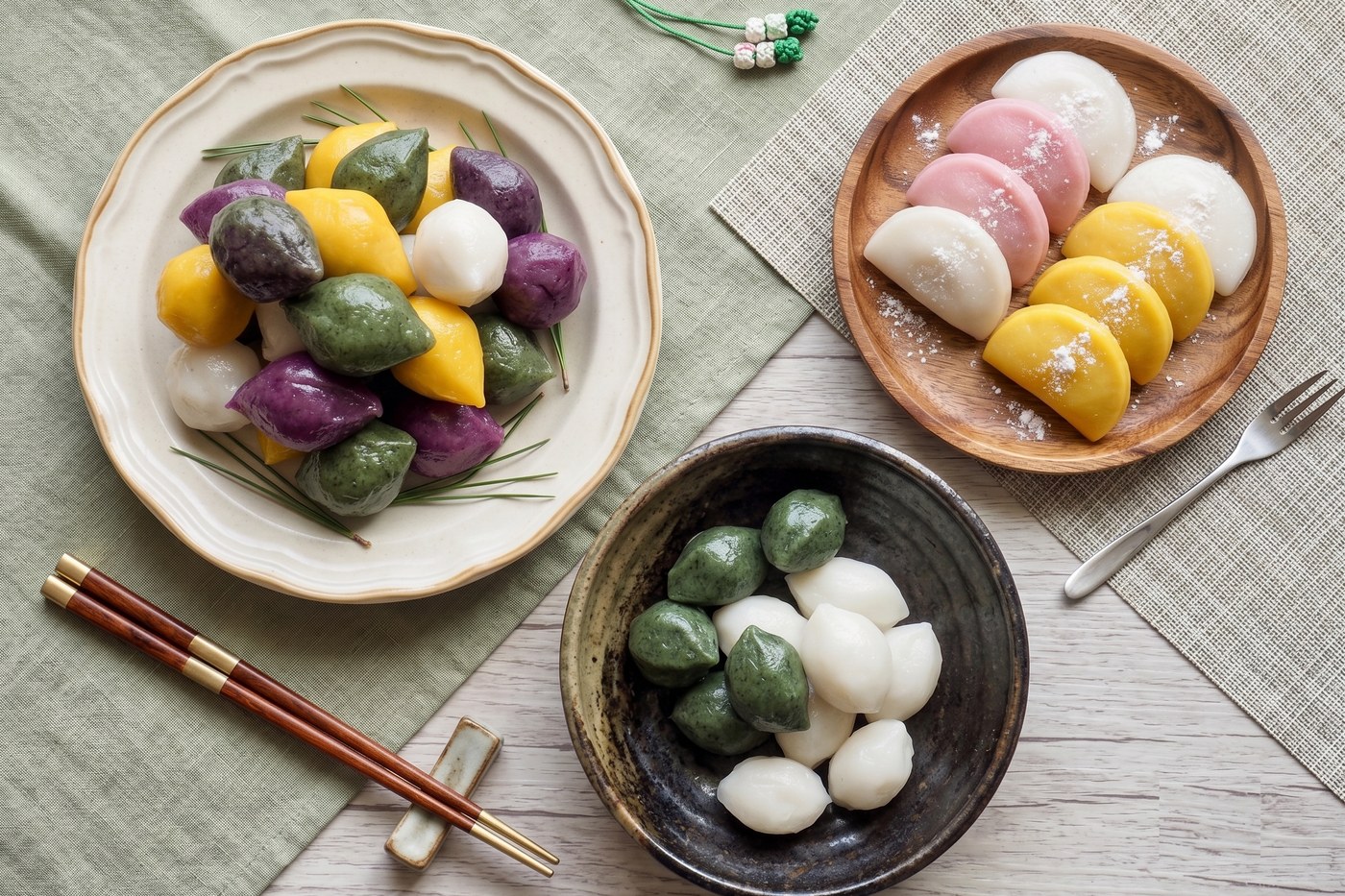 Songpyeon on a plate with pine needles, half-moon songpyeon and a bowl of mugwort and plain rice cakes