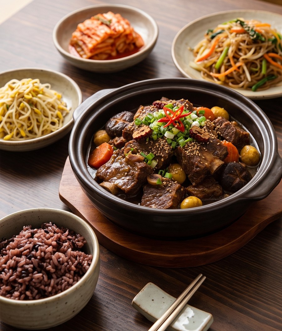 Galbi-jjim in a clay pot served with kimchi, japchae, seasoned bean sprouts and black rice