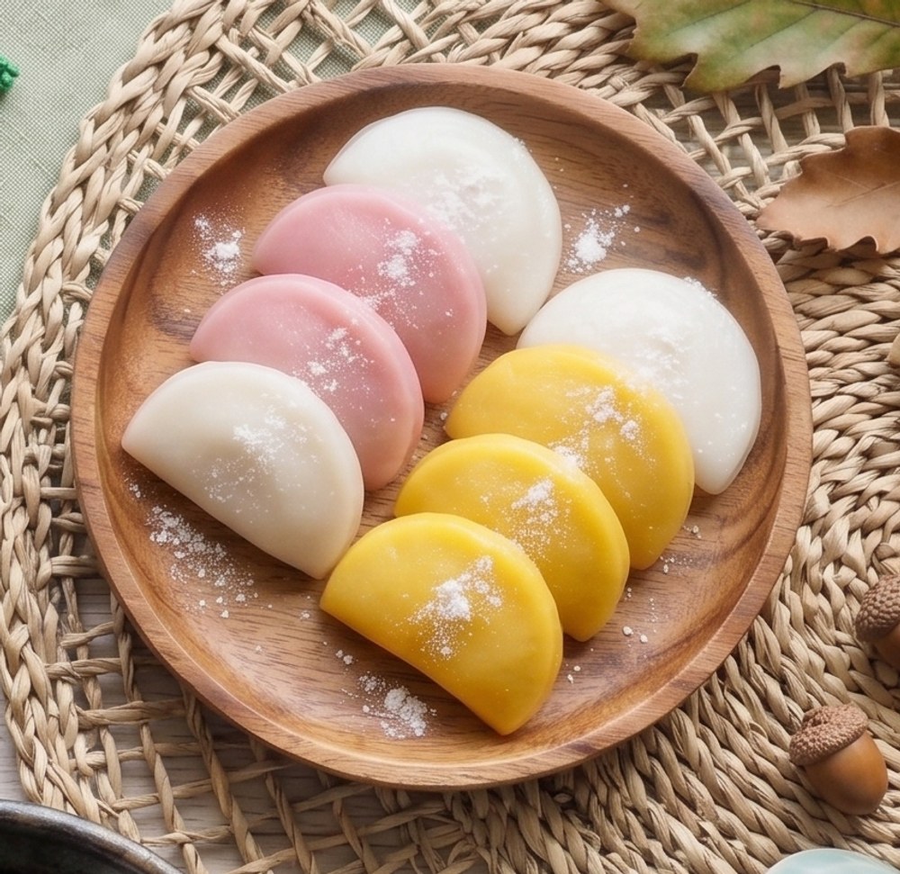Half-moon songpyeon in white, pink and yellow dusted with rice flour on a wooden plate