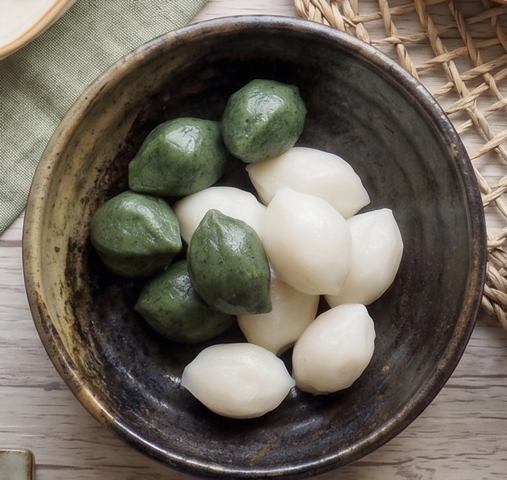 Green mugwort and plain white songpyeon served in a dark bowl