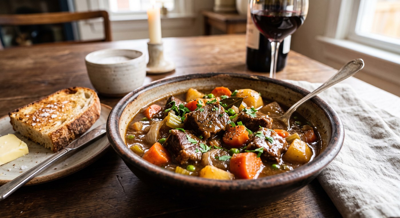 A bowl of Western beef stew with carrots and potatoes, served with toasted bread and red wine